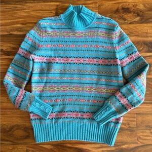 Jones New York Sport Fairisle Lambswool Sweater L M Aqua Pink Wool Button Detail
